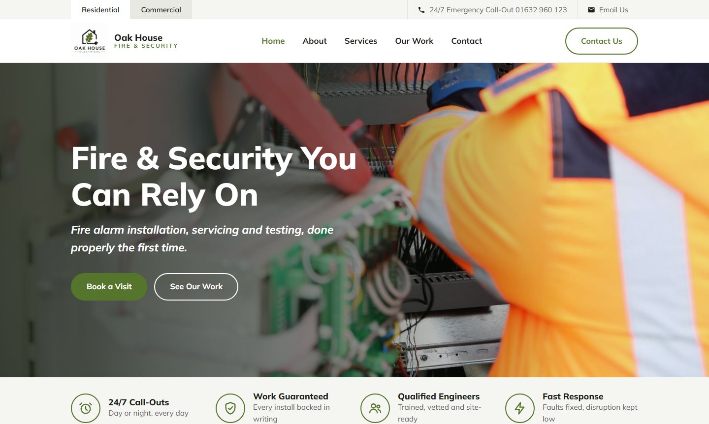Oak House Fire & Security demo website on a laptop
